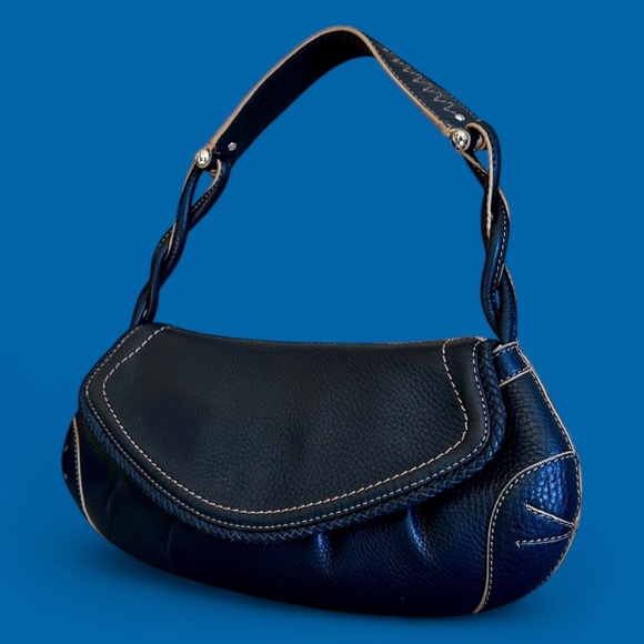 Vintage COLE HAAN Black Pebbled Leather Village Purse SP06 w/ Baseball Stitch! - Picture 1 of 16